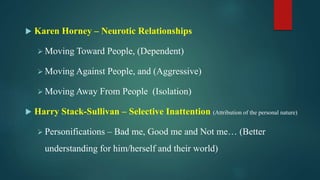  Karen Horney – Neurotic Relationships
 Moving Toward People, (Dependent)
 Moving Against People, and (Aggressive)
 Moving Away From People (Isolation)
 Harry Stack-Sullivan – Selective Inattention (Attribution of the personal nature)
 Personifications – Bad me, Good me and Not me… (Better
understanding for him/herself and their world)
 