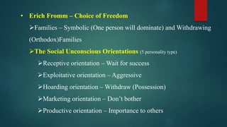 • Erich Fromm – Choice of Freedom
Families – Symbolic (One person will dominate) and Withdrawing
(Orthodox)Families
The Social Unconscious Orientations (5 personality type)
Receptive orientation – Wait for success
Exploitative orientation – Aggressive
Hoarding orientation – Withdraw (Possession)
Marketing orientation – Don’t bother
Productive orientation – Importance to others
 