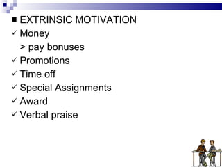 EXTRINSIC MOTIVATION Money > pay bonuses Promotions Time off Special Assignments Award Verbal praise 