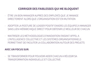 CORRIGER DES FAIBLESSES QUI ME BLOQUENT
- ÊTRE UN BON MANAGER AUPRES DES EMPLOYÉS QUE JE MANAGE
DIRECTEMENT ALORS QUE L’ORGANISATION EST EN MUTATION
- ADOPTER LA POSTURE DE LEADER POSITIF ENVERS LES ÉQUIPES A MANAGER
SANS LIEN HIÉRARCHIQUE DIRECT POUR OBTENIR LE MEILLEUR DE CHACUN
- MAITRISER LES MÉTHODOLOGIES D’INNOVATION FAISANT APPEL A
L’INTELLIGENCE COLLECTIVE ET LES SYSTÈMES ORGANISATIONNELS
PERMETTANT DE FACILITER LA COLLABORATION AUTOUR DES PROJETS
AVEC UN FOCUS SUR:
- SE TRANSFORMER POUR POUVOIR AIDER CHACUN A RÉUSSIR SA
TRANSFORMATION INDIVIDUELLE ET COLLECTIVE
 