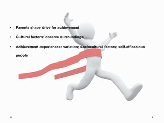 • Parents shape drive for achievement
• Cultural factors: observe surroundings
• Achievement experiences: variation; sociocultural factors; self-efficacious
people
 