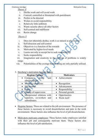 Chaitanya Jeendgar Motivation Essay
5 | P a g e
Theory X
i. Dislike work and will avoid work
ii. Coerced, controlled or threatened with punishment
iii. Prefers to be directed
iv. Wishes to avoid responsibility
v. Relatively little ambition
vi. Wants security above all other factors
vii. Self-centred and indifferent
viii. Resist change
Theory Y
i. Does not inherently dislike, work is as natural as play or rest
ii. Self-direction and self-control
iii. Objectives is a function of the rewards
iv. Motivated by higher-level needs
v. Learns not only to accept but to seek responsibility
vi. Seeks responsibility
vii. Imagination and creativity in the solution of problems is widely
range.
viii. Potentialities of the average human being are only partially utilised.
3. Herzberg’s motivation hygiene theory
Hygiene Factors Motivators
 Company’s policy and
administration.
 Achievements
 Working conditions  Recognition
 Job security  Advancement
 Salary  Responsibility
 Quality of supervision  Personal growth
 Interpersonal relations with
superiors, co-workers and
subordinates.
 Opportunities
 Work itself
 Hygiene factors: These are related to the job environment. The presence of
these factors is necessary to avoid dissatisfaction and pain in the work
environment. These factors also influence the level of job dissatisfaction.
 Motivators motivates employees: These factors make employees satisfied
with their job and consequently motivate them. These factors also
influence the level of job satisfaction.
 