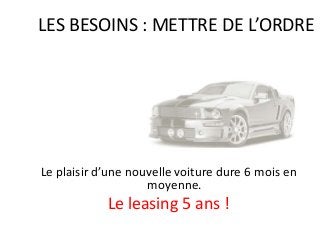 Le plaisir d’une nouvelle voiture dure 6 mois en
moyenne.
Le leasing 5 ans !
LES BESOINS : METTRE DE L’ORDRE
 