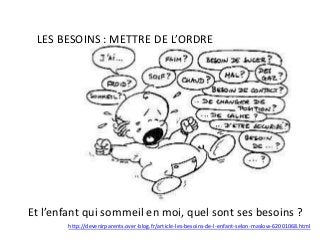 Et l’enfant qui sommeil en moi, quel sont ses besoins ?
LES BESOINS : METTRE DE L’ORDRE
http://devenirparents.over-blog.fr/article-les-besoins-de-l-enfant-selon-maslow-62001068.html
 
