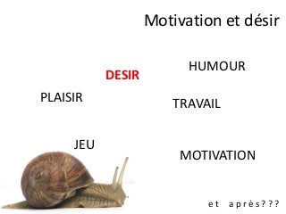 PLAISIR
JEU
TRAVAIL
HUMOUR
e t a p r è s ? ? ?
MOTIVATION
DESIR
Motivation et désir
 