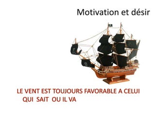Motivation et désir
Objectifs
UN OBJECTIF DOIT ETRE SMART?
• Spécifique : Il doit être Spécifique à ma situation, il m’appartient.
• Mesurable : Il doit être Mesurable, clair, je sais quand j’y suis
arrivé.
• Accepté : Je sais que je le veux.
• Réaliste : Il doit être réalisable et dépend de ma motivation.
• Temporellement défini : Il doit être inscrit dans le Temps, avec une
date de fin, du temps pour y arriver et des points intermédiaires.
 