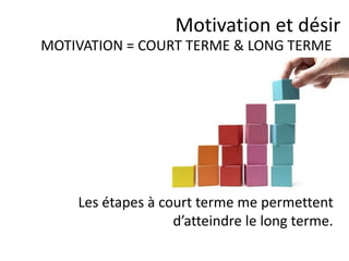 J’entends et j’oublie,
Je vois et je me souviens,
Je fais et je comprends.
Confucius
Motivation x Désir =
Action maintenant
 