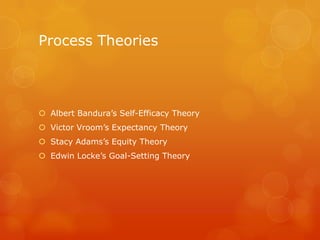 Process Theories



 Albert Bandura’s Self-Efficacy Theory
 Victor Vroom’s Expectancy Theory
 Stacy Adams’s Equity Theory
 Edwin Locke’s Goal-Setting Theory
 