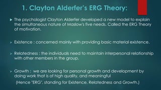 1. Clayton Alderfer’s ERG Theory:
 The psychologist Clayton Alderfer developed a new model to explain
the simultaneous nature of Maslow's five needs. Called the ERG Theory
of motivation.
 Existence : concerned mainly with providing basic material existence.
 Relatedness : the individuals need to maintain interpersonal relationship
with other members in the group.
 Growth : we are looking for personal growth and development by
doing work that is of high quality, and meaningful
(Hence "ERG", standing for Existence, Relatedness and Growth.)
 