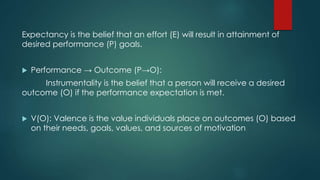 Expectancy is the belief that an effort (E) will result in attainment of
desired performance (P) goals.
 Performance → Outcome (P→O):
Instrumentality is the belief that a person will receive a desired
outcome (O) if the performance expectation is met.
 V(O): Valence is the value individuals place on outcomes (O) based
on their needs, goals, values, and sources of motivation
 