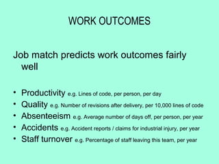 WORK OUTCOMES


Job match predicts work outcomes fairly
  well

•   Productivity e.g. Lines of code, per person, per day
•   Quality e.g. Number of revisions after delivery, per 10,000 lines of code
•   Absenteeism e.g. Average number of days off, per person, per year
•   Accidents e.g. Accident reports / claims for industrial injury, per year
•   Staff turnover e.g. Percentage of staff leaving this team, per year
 
