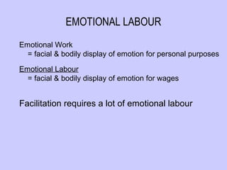 EMOTIONAL LABOUR
Emotional Work
  = facial & bodily display of emotion for personal purposes

Emotional Labour
  = facial & bodily display of emotion for wages


Facilitation requires a lot of emotional labour
 