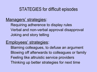 STATEGIES for difficult episodes

Managers’ strategies:
  Requiring adherence to display rules
  Verbal and non-verbal approval disapproval
  Joking and story telling

Employees’ strategies:
  Blaming colleagues, to defuse an argument
  Blowing off afterwards to colleagues or family
  Feeling like altruistic service providers
  Thinking up better strategies for next time
 