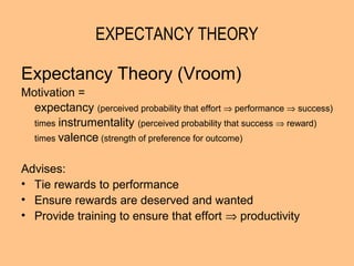 EXPECTANCY THEORY

Expectancy Theory (Vroom)
Motivation =
  expectancy (perceived probability that effort ⇒ performance ⇒ success)
  times instrumentality (perceived probability that success ⇒ reward)
  times valence (strength of preference for outcome)


Advises:
• Tie rewards to performance
• Ensure rewards are deserved and wanted
• Provide training to ensure that effort ⇒ productivity
 