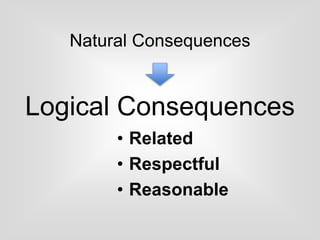 Logical Consequences
• Related
• Respectful
• Reasonable
Natural Consequences
 