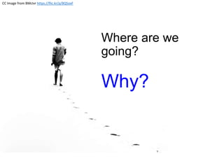 Where are we
going?
Why?
CC Image from BMcIvr https://flic.kr/p/8QSoxF
 