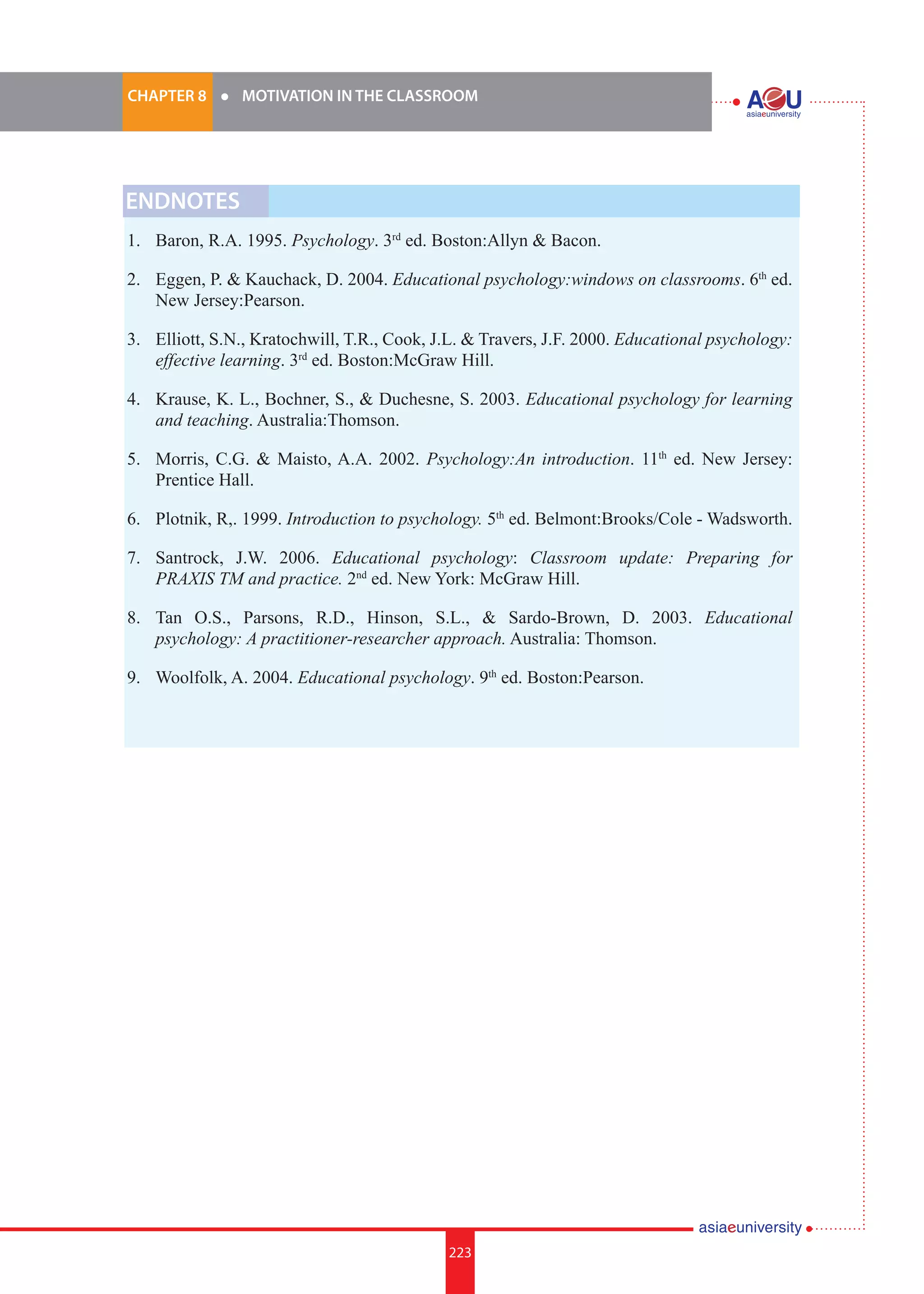 223i.	
CHAPTER 8 	 l 	 MOTIVATION IN THE CLASSROOM
223
ENDNOTES
1.	 Baron, R.A. 1995. Psychology. 3rd
ed. Boston:Allyn & Bacon.
2.	 Eggen, P. & Kauchack, D. 2004. Educational psychology:windows on classrooms. 6th
ed.
New Jersey:Pearson.
3.	 Elliott, S.N., Kratochwill, T.R., Cook, J.L. & Travers, J.F. 2000. Educational psychology:
effective learning. 3rd
ed. Boston:McGraw Hill.
4.	 Krause, K. L., Bochner, S., & Duchesne, S. 2003. Educational psychology for learning
and teaching. Australia:Thomson.
5.	 Morris, C.G. & Maisto, A.A. 2002. Psychology:An introduction. 11th
ed. New Jersey:
Prentice Hall.
6.	 Plotnik, R,. 1999. Introduction to psychology. 5th
ed. Belmont:Brooks/Cole - Wadsworth.
7.	 Santrock, J.W. 2006. Educational psychology: Classroom update: Preparing for
PRAXIS TM and practice. 2nd
ed. New York: McGraw Hill.
8. 	 Tan O.S., Parsons, R.D., Hinson, S.L., & Sardo-Brown, D. 2003. Educational
psychology: A practitioner-researcher approach. Australia: Thomson.
9. 	 Woolfolk, A. 2004. Educational psychology. 9th
ed. Boston:Pearson.
 
