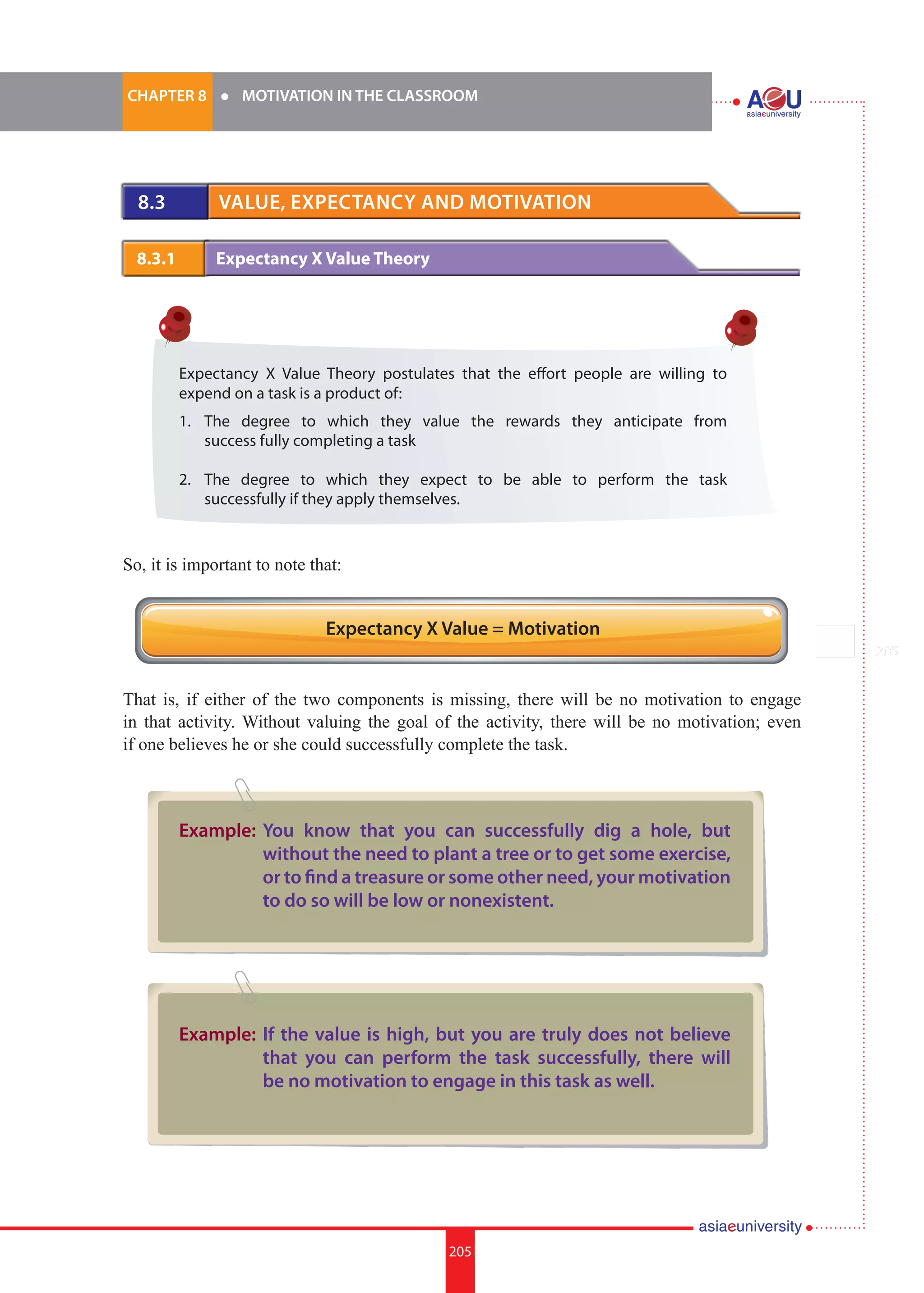 205i.	
CHAPTER 8 	 l 	 MOTIVATION IN THE CLASSROOM
205
8.3 	 Value, Expectancy and Motivation
8.3.1 	 Expectancy X Value Theory
Expectancy X Value Theory postulates that the effort people are willing to
expend on a task is a product of:
1.		 The degree to which they value the rewards they anticipate from
	 success fully completing a task
2.		 The degree to which they expect to be able to perform the task
	 successfully if they apply themselves.
So, it is important to note that:
That is, if either of the two components is missing, there will be no motivation to engage
in that activity. Without valuing the goal of the activity, there will be no motivation; even
if one believes he or she could successfully complete the task.
Expectancy X Value = Motivation
Example: 	You know that you can successfully dig a hole, but
without the need to plant a tree or to get some exercise,
or to find a treasure or some other need, your motivation
to do so will be low or nonexistent.
Example: 	If the value is high, but you are truly does not believe
that you can perform the task successfully, there will
be no motivation to engage in this task as well.
 