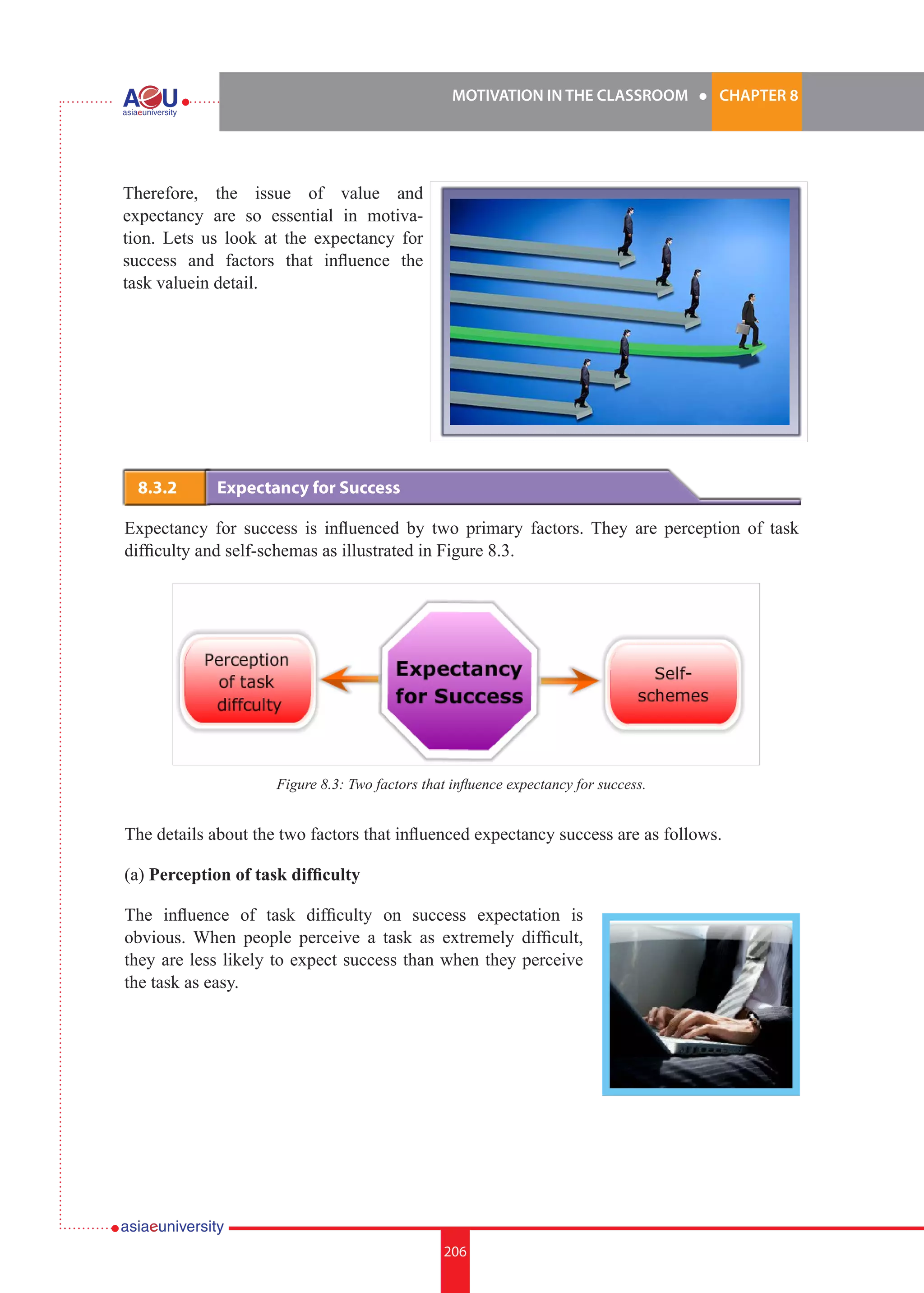 MOTIVATION IN THE CLASSROOM l CHAPTER 8
206
Therefore, the issue of value and
expectancy are so essential in motiva-
tion. Lets us look at the expectancy for
success and factors that influence the
task valuein detail.
8.3.2 	 Expectancy for Success
Expectancy for success is influenced by two primary factors. They are perception of task
difficulty and self-schemas as illustrated in Figure 8.3.
Figure 8.3: Two factors that influence expectancy for success.
The details about the two factors that influenced expectancy success are as follows.
(a) Perception of task difficulty
The influence of task difficulty on success expectation is
obvious. When people perceive a task as extremely difficult,
they are less likely to expect success than when they perceive
the task as easy.
 