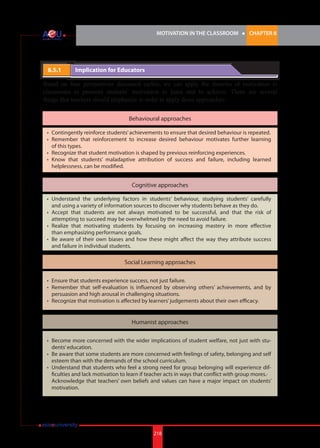 MOTIVATION IN THE CLASSROOM l CHAPTER 8
218
8.5.1 	 Implication for Educators
Based on four perspectives discussed earlier, we can apply the theories of motivation in
classrooms to promote students’ motivation to learn and to achieve. There are several
things that teachers should emphasize in order to apply those approaches:
Behavioural approaches
Cognitive approaches
Social Learning approaches
Humanist approaches
•	 Contingently reinforce students’achievements to ensure that desired behaviour is repeated.
•	 Remember that reinforcement to increase desired behaviour motivates further learning
of this types.
•	 Recognize that student motivation is shaped by previous reinforcing experiences.
•	 Know that students’ maladaptive attribution of success and failure, including learned
helplessness, can be modified.
•	 Understand the underlying factors in students’ behaviour, studying students’ carefully
and using a variety of information sources to discover why students behave as they do.
•	 Accept that students are not always motivated to be successful, and that the risk of
attempting to succeed may be overwhelmed by the need to avoid failure.
•	 Realize that motivating students by focusing on increasing mastery in more effective
than emphasizing performance goals.
•	 Be aware of their own biases and how these might affect the way they attribute success
and failure in individual students.
•	 Ensure that students experience success, not just failure.
•	 Remember that self-evaluation is influenced by observing others’ achievements, and by
persuasion and high arousal in challenging situations.
•	 Recognize that motivation is affected by learners’judgements about their own efficacy.
•	 Become more concerned with the wider implications of student welfare, not just with stu-
dents’education.
•	 Be aware that some students are more concerned with feelings of safety, belonging and self
esteem than with the demands of the school curriculum.
•	 Understand that students who feel a strong need for group belonging will experience dif-
ficulties and lack motivation to learn if teacher acts in ways that conflict with group mores.·	
Acknowledge that teachers’ own beliefs and values can have a major impact on students’
motivation.
 
