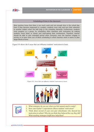 MOTIVATION IN THE CLASSROOM l CHAPTER 8
220
Scheduling of time in the classroom.
Most teachers know that there is too much work and not enough time in the school day.
Even if they become engrossed in a project, students must stop and turn their attention
to another subject when the bell rings or the schedules demands. Furthermore, students
must progress as a group. So, scheduling often interferes with motivation by making
students move faster or slower and interrupting their involvement. Therefore, teacher
should be able to give extended period when everyone, even the teachers engage in
activity or to have some sort of block scheduling in which teachers work in teams to plan
larger blocks of time.
Figure 8.8 shows the 6 areas that can influence students’ motivation to learn.
Figure 8.8: Areas that can influence students’motivation to learn
1.	 What strategies do you use when you feel unmotivated to study?
2.	 How cans teacher’s expectations affects students’ motivation?
3.	 Think about several of your own past schoolmates who showed low
motivation in school. Why do you think they behaved the way they did?
What teaching strategies might have help them?
 