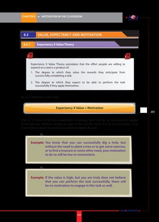 205i.	
CHAPTER 8 	 l 	 MOTIVATION IN THE CLASSROOM
205
8.3 	 Value, Expectancy and Motivation
8.3.1 	 Expectancy X Value Theory
Expectancy X Value Theory postulates that the effort people are willing to
expend on a task is a product of:
1.		 The degree to which they value the rewards they anticipate from
	 success fully completing a task
2.		 The degree to which they expect to be able to perform the task
	 successfully if they apply themselves.
So, it is important to note that:
That is, if either of the two components is missing, there will be no motivation to engage
in that activity. Without valuing the goal of the activity, there will be no motivation; even
if one believes he or she could successfully complete the task.
Expectancy X Value = Motivation
Example: 	You know that you can successfully dig a hole, but
without the need to plant a tree or to get some exercise,
or to find a treasure or some other need, your motivation
to do so will be low or nonexistent.
Example: 	If the value is high, but you are truly does not believe
that you can perform the task successfully, there will
be no motivation to engage in this task as well.
 