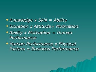 Knowledge x Skill = Ability Situation x Attitude= Motivation Ability x Motivation = Human Performance Human Performance x Physical Factors = Business Performance 