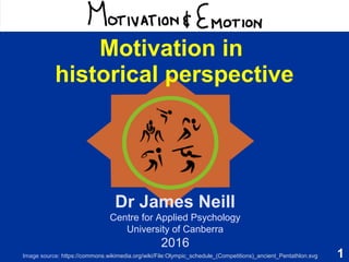 1
Motivation & Emotion
Motivation in
historical perspective
Dr James Neill
Centre for Applied Psychology
University of Canberra
2016
Image source: https://commons.wikimedia.org/wiki/File:Olympic_schedule_(Competitions)_ancient_Pentathlon.svg
 