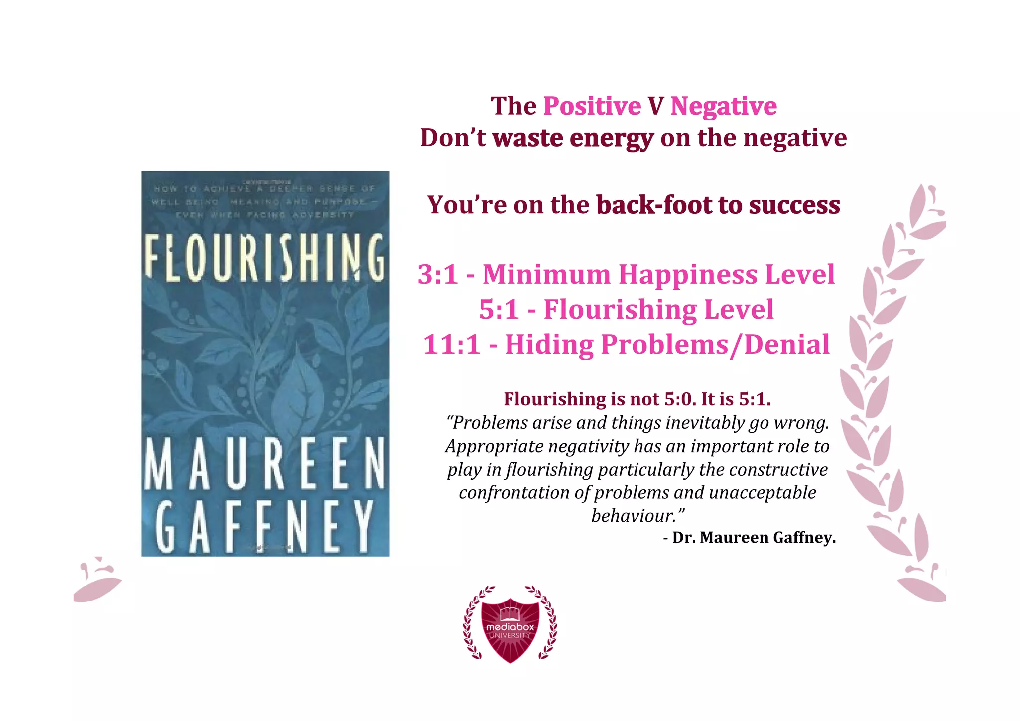 The	
  Positive	
  V	
  Negative
Don’t	
  waste	
  energy	
  on	
  the	
  negative

 You’re	
  on	
  the	
  back-­foot	
  to	
  success

3:1	
  -­	
  Minimum	
  Happiness	
  Level
          5:1	
  -­	
  Flourishing	
  Level
11:1	
  -­	
  Hiding	
  Problems/Denial
               Flourishing	
  is	
  not	
  5:0.	
  It	
  is	
  5:1.
   “Problems	
  arise	
  and	
  things	
  inevitably	
  go	
  wrong.
   Appropriate	
  negativity	
  has	
  an	
  important	
  role	
  to
   play	
  in	
  >lourishing	
  particularly	
  the	
  constructive
     confrontation	
  of	
  problems	
  and	
  unacceptable
                            behaviour.”
                                       -­‐	
  Dr.	
  Maureen	
  Gaffney.
 