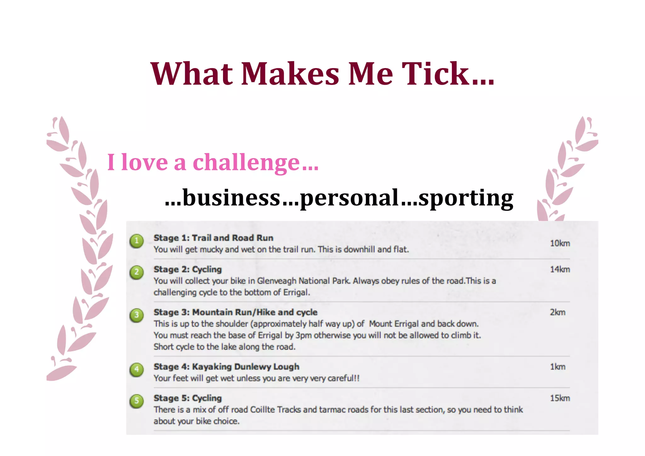 What	
  Makes	
  Me	
  Tick…

	
  	
  	
  	
  	
  I	
  love	
  a	
  challenge…
                             …business…personal…sporting
 