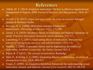 References
 Abbah, M. T. (2014). Employee motivation: The key to effective organizational
management in Nigeria. IOSR Journal of Business and Management, 16(4), 01-
08.
 Averill, J. R. (2012). Anger and aggression: An essay on emotion. Springer
Science & Business Media.
 Berridge, K. C. (2004). Motivation concepts in behavioral
neuroscience. Physiology & behavior, 81(2), 179-209.
 Gawel, J. E. (2019). Herzberg's theory of motivation and Maslow's hierarchy of
needs. Practical Assessment, Research, and Evaluation, 5(1), 11.
 Lunenburg, F. C. (2011). Goal-setting theory of motivation. International
journal of management, business, and administration, 15(1), 1-6.
 Mathibe, I. (2008). Expectancy theory and its implications for employee
motivation. Academic Leadership: the Online Journal, 6(3), 8.
 Peters, R. S. (2015). The concept of motivation. Routledge.
 Steel, P., & König, C. J. (2006). Integrating theories of motivation. Academy of
management review, 31(4), 889-913.
 Toates, F. (2009). An integrative theoretical framework for understanding sexual
motivation, arousal, and behavior. Journal of sex research, 46(2-3), 168-193.
 