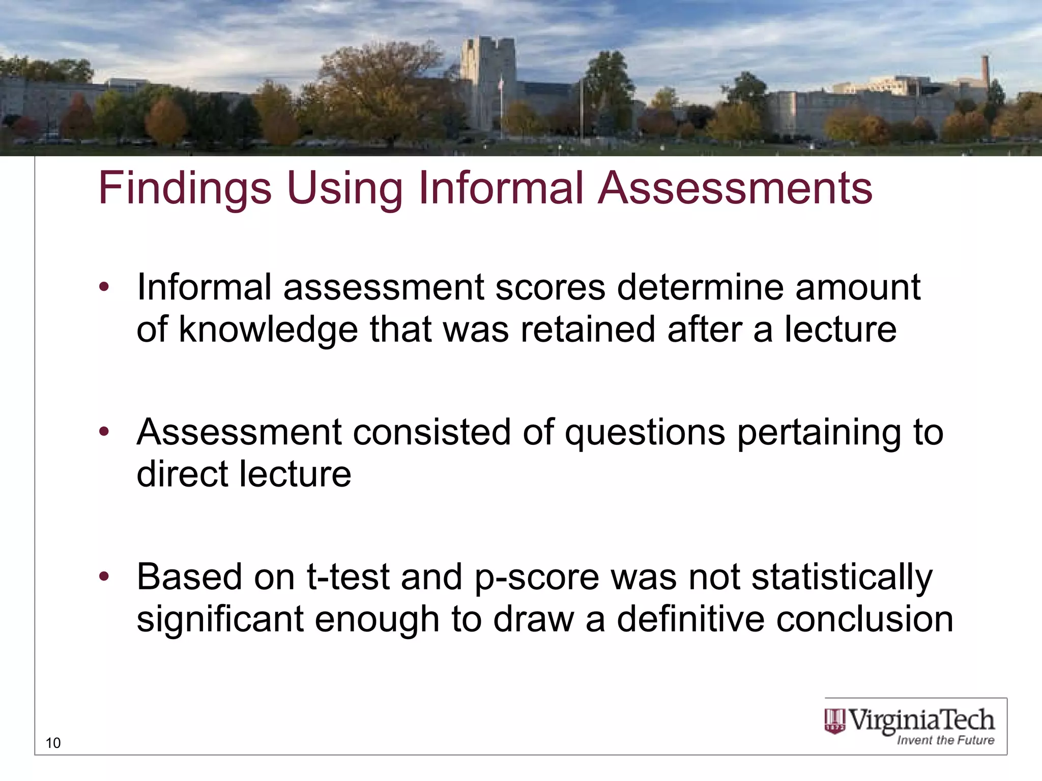 Findings Using Informal Assessments Informal assessment scores determine amount of knowledge that was retained after a lecture Assessment consisted of questions pertaining to direct lecture Based on t-test and p-score was not statistically significant enough to draw a definitive conclusion 