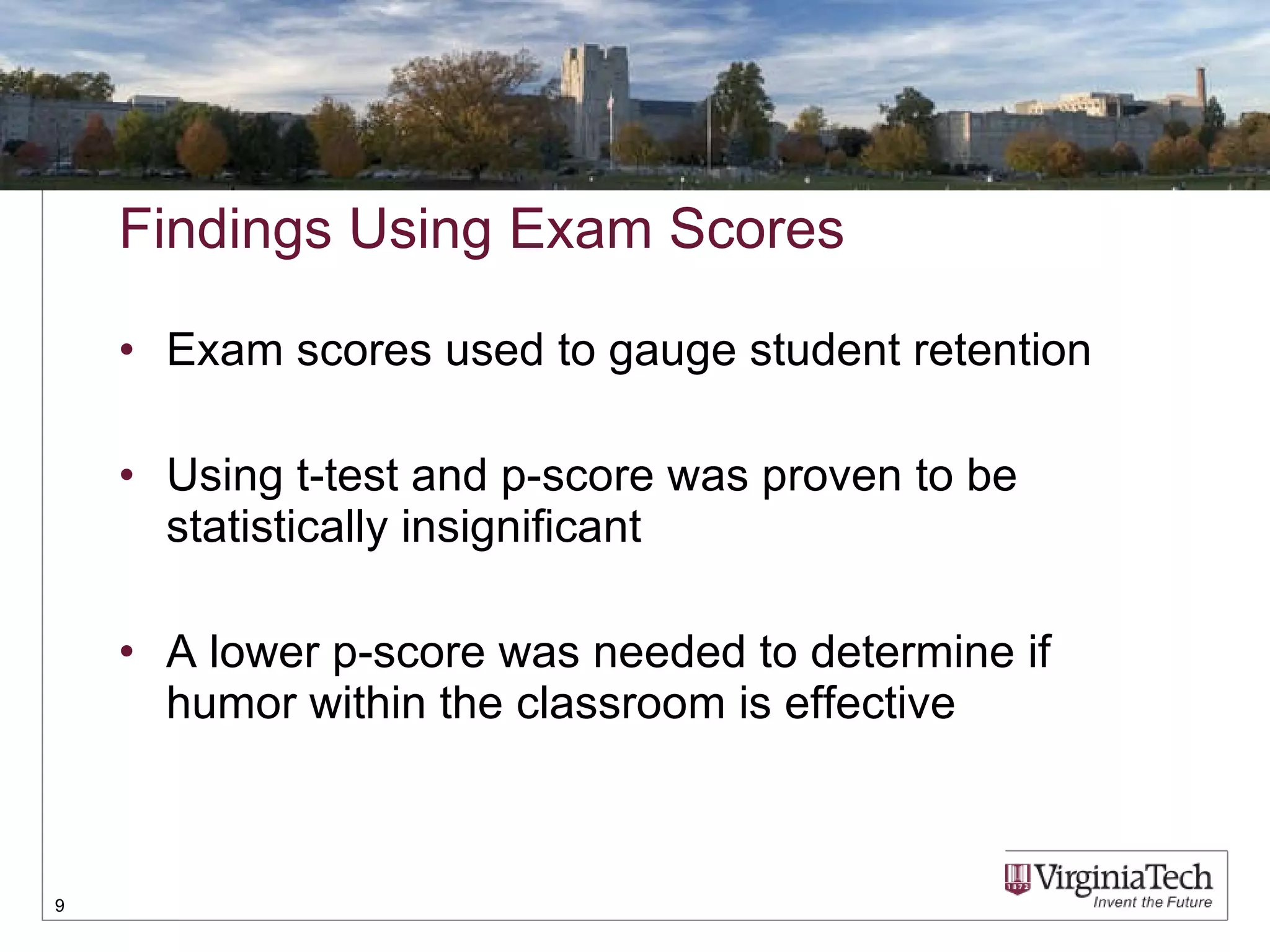 Findings Using Exam Scores Exam scores used to gauge student retention Using t-test and p-score was proven to be statistically insignificant  A lower p-score was needed to determine if humor within the classroom is effective 