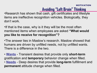 MOTIVATION

                           Avoiding “Left Brain” Thinking
•Research has shown that cash, gift certificates and lifestyle
items are ineffective recognition vehicles. Biologically, they
don’t work.
•If that is the case, why is it they will be the most often
mentioned items when employees are asked “What would
you like to receive for recognition”?
•The answer lies in Maslow’s research. Maslow showed that
humans are driven by unfilled needs, not by unfilled wants.
There is a difference in the two.
• Wants - Transient desires that provide only short-term
gratification and temporary behavior change when filled.
• Needs - Deep desires that provide long-term fulfillment and
permanent attitude change when filled.
 