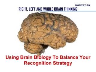 MOTIVATION

     RIGHT, LEFT AND WHOLE BRAIN THINKING




Using Brain Biology To Balance Your
       Recognition Strategy
 