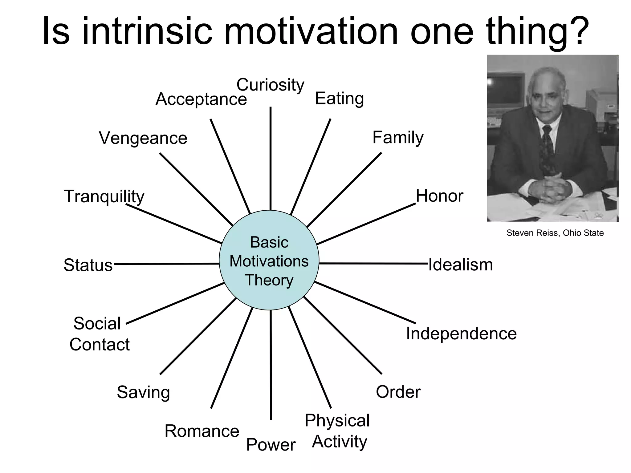 Is intrinsic motivation one thing? Basic Motivations Theory Steven Reiss, Ohio State Acceptance Vengeance Tranquility Status  Social  Contact  Saving Romance Power Physical  Activity Order Independence Idealism Honor Family Eating Curiosity 