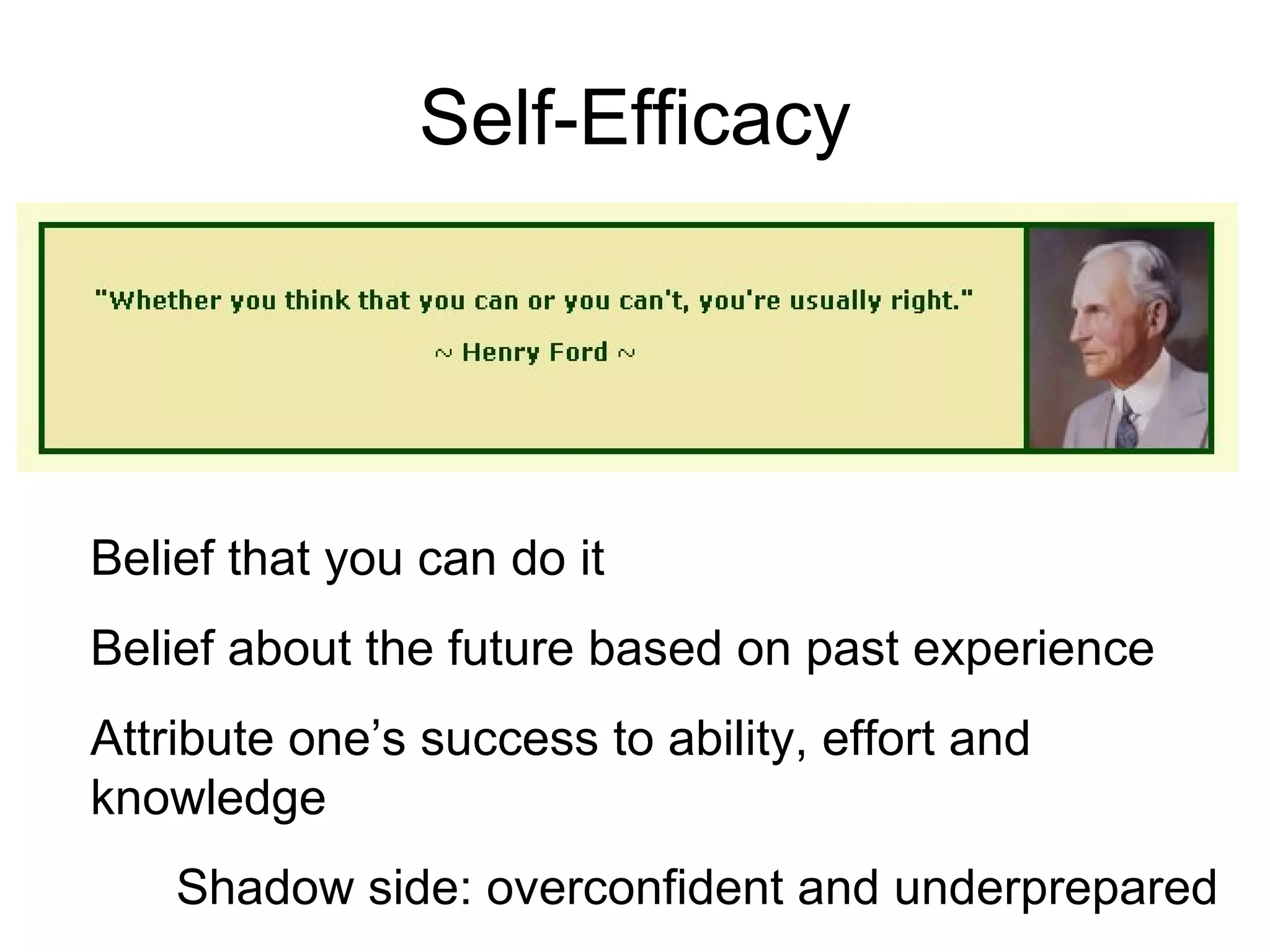 Self-Efficacy Belief that you can   do it Belief about the future based on past experience Attribute one’s success to ability, effort and knowledge Shadow side: overconfident and underprepared 