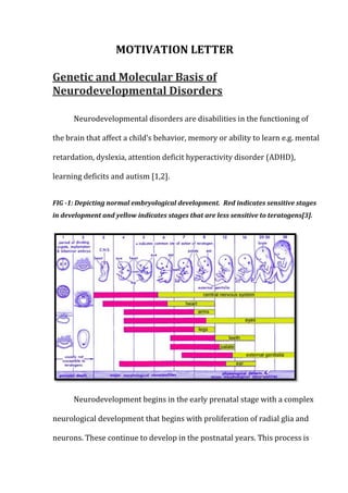 MOTIVATION LETTER
Genetic and Molecular Basis of
Neurodevelopmental Disorders
Neurodevelopmental disorders are disabilities in the functioning of
the brain that affect a child’s behavior, memory or ability to learn e.g. mental
retardation, dyslexia, attention deficit hyperactivity disorder (ADHD),
learning deficits and autism [1,2].
FIG -1: Depicting normal embryological development. Red indicates sensitive stages
in development and yellow indicates stages that are less sensitive to teratogens[3].
Neurodevelopment begins in the early prenatal stage with a complex
neurological development that begins with proliferation of radial glia and
neurons. These continue to develop in the postnatal years. This process is
 