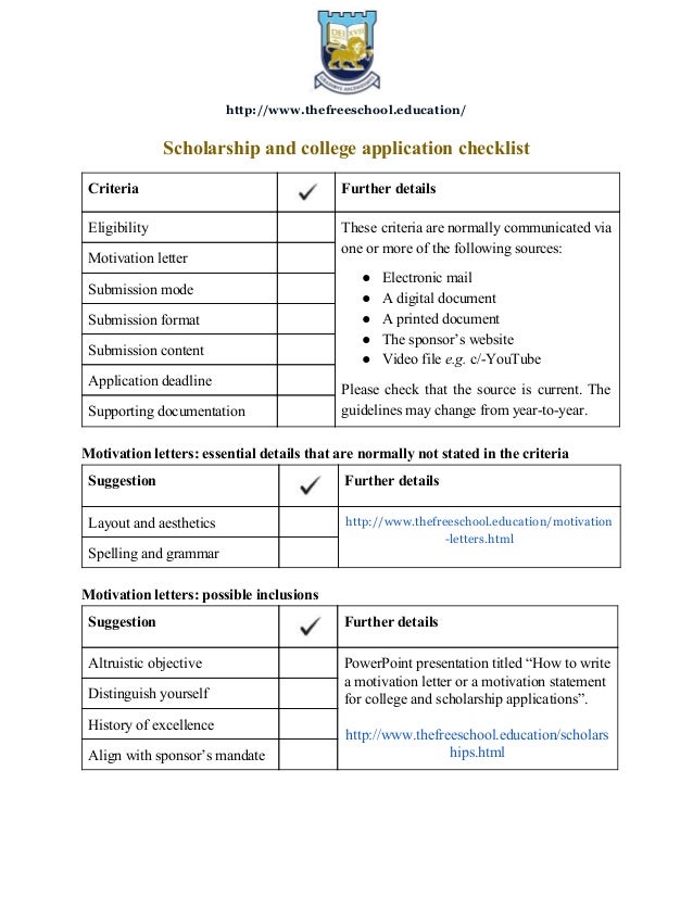 Motivation letter checklist for college and scholarship 