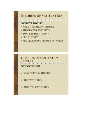 THEORIES OF MOTIVATION

CONTENT THEORY
 NEED HIERARCHY THEORY
 THEORY X & THEORY Y
 TWO-FACTOR THEORY
 ERG THEORY
 McCLELLAND’S THEORY OF NEEDS




THEORIES OF MOTIVATION
(CONTD.)
PROCESS THEORY

 GOAL SETTING THEORY

 EQUITY THEORY

 EXPECTANCY THEORY
 