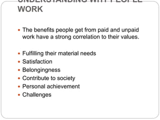 UNDERSTANDING WHY PEOPLE
WORK
 The benefits people get from paid and unpaid
work have a strong correlation to their values.
 Fulfilling their material needs
 Satisfaction
 Belongingness
 Contribute to society
 Personal achievement
 Challenges
 