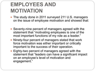EMPLOYEES AND
MOTIVATION
 The study done in 2011 surveyed 211 U.S. managers
on the issue of employee motivation and showed that:
 Seventy-nine percent of managers agreed with the
statement that “motivating employees is one of the
most important functions of my role as a leader.”
 Ninety-four percent of managers stated that work
force motivation was either important or critically
important to the success of their operation.
 Eighty-two percent of managers agreed with the
statement that “leaders can have a significant impact
on an employee’s level of motivation and
engagement.”
 