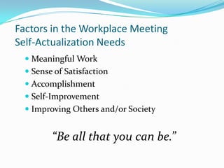 Factors in the Workplace Meeting Self-Actualization NeedsMeaningful WorkSense of SatisfactionAccomplishmentSelf-ImprovementImproving Others and/or Society“Be all that you can be.”