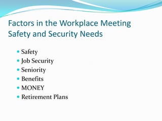 Factors in the Workplace Meeting Safety and Security NeedsSafetyJob SecuritySeniorityBenefitsMONEYRetirement Plans