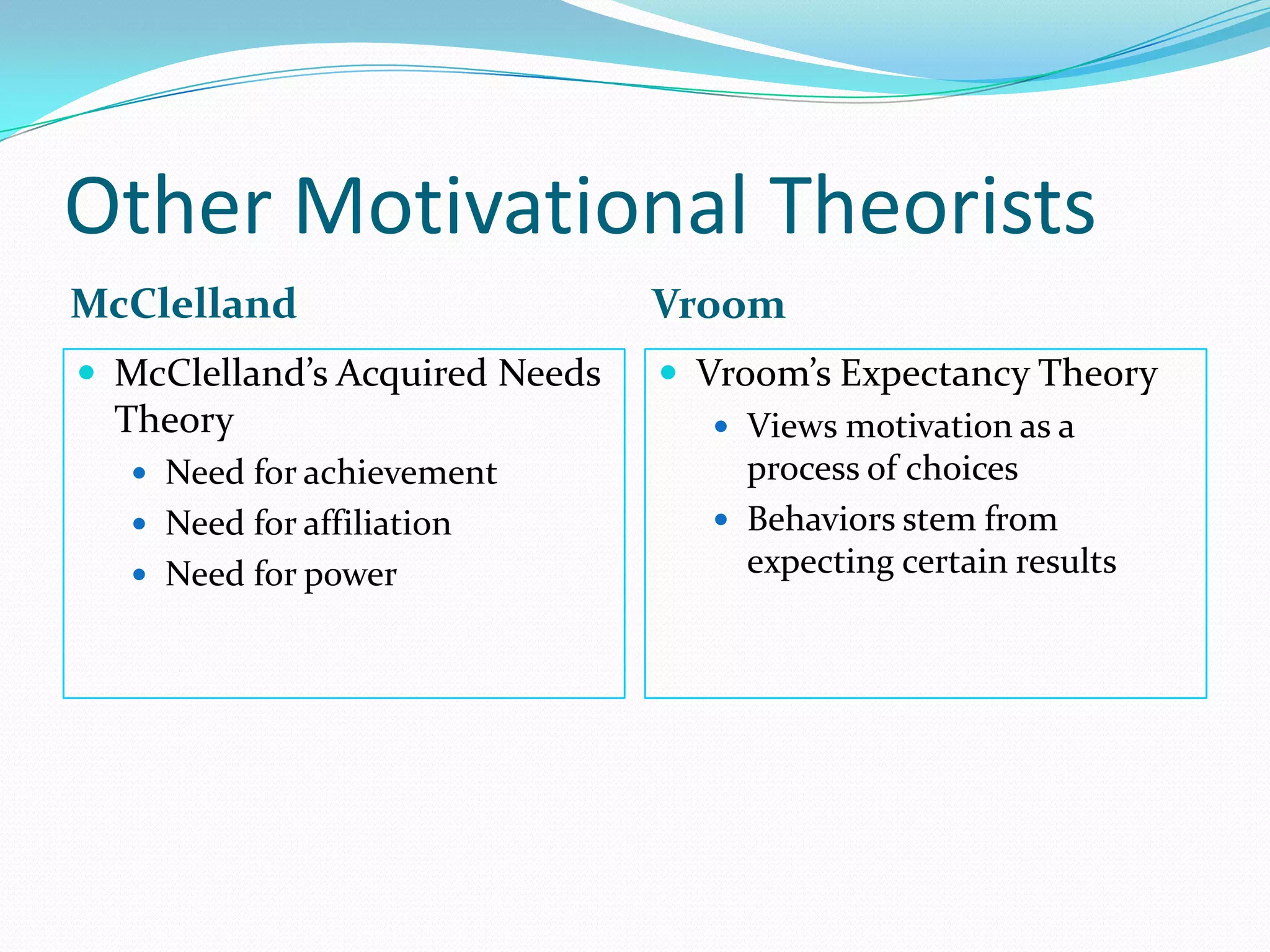 Other Motivational TheoristsMcClellandVroomMcClelland’s Acquired Needs TheoryNeed for achievementNeed for affiliationNeed for powerVroom’s Expectancy TheoryViews motivation as a process of choicesBehaviors stem from expecting certain results