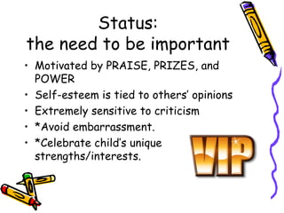 Status: the need to be important <ul><li>Motivated by PRAISE, PRIZES, and POWER </li></ul><ul><li>Self-esteem is tied to o...