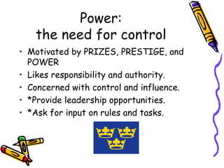 Power: the need for control <ul><li>Motivated by PRIZES, PRESTIGE, and POWER </li></ul><ul><li>Likes responsibility and au...
