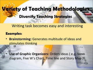 Variety of Teaching Methodologies
          Diversify Teaching Strategies

     Writing task becomes easy and interesting
 Examples:
 • Brainstorming: Generates multitude of ideas and
   stimulates thinking

 • Use of Graphic Organizers: Orders ideas ( e.g. Venn
   diagram, Five W’s Chart, Time line and Story Map )
 