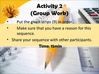 Activity 2
            (Group Work)
•   Put the given strips (9) in order.
•   Make sure that you have a reason for this
    sequence.
• Share your sequence with other participants.
                Time: 15min
 