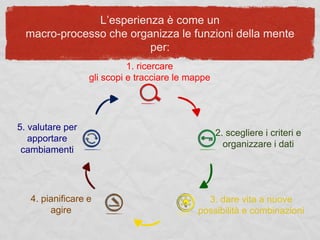 L’esperienza è come un
macro-processo che organizza le funzioni della mente
per:
1. ricercare
gli scopi e tracciare le mappe
2. scegliere i criteri e
organizzare i dati
3. dare vita a nuove
possibilità e combinazioni
4. pianificare e
agire
5. valutare per
apportare
cambiamenti
 